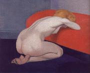 Felix Vallotton Nude Kneeling against a red sofa Sweden oil painting artist